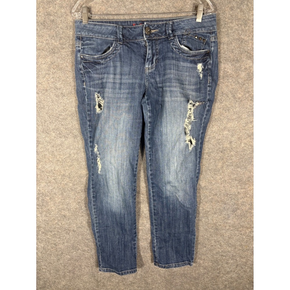 ELLE Skinny Boyfriend Jeans Women's Size 8 Distressed Studded Pockets Blue Denim